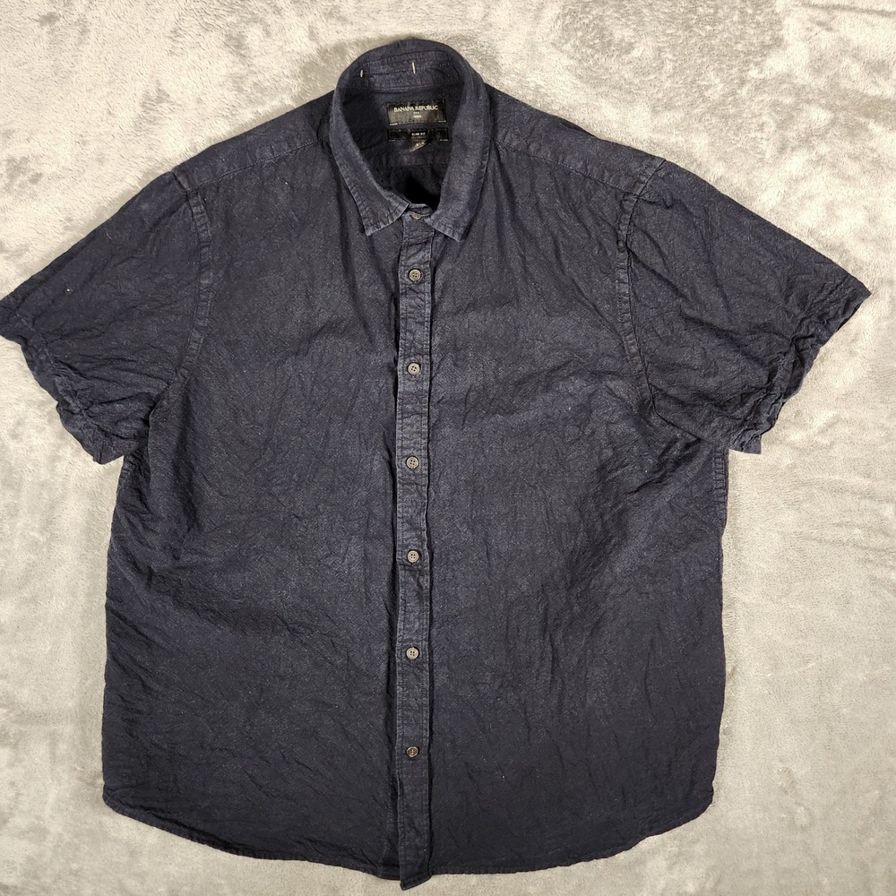 Banana Republic Button Down Shirt Mens XL Navy Blue Excellent Linen Cotton Blend